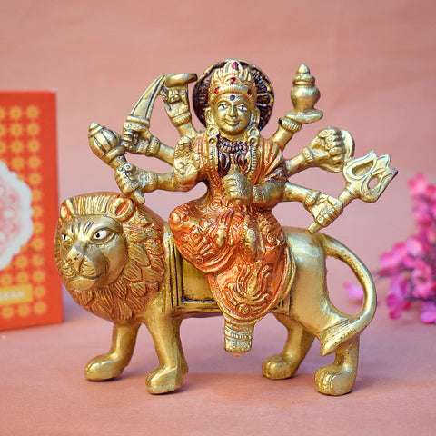 4.6 Inch Divine Elegance Sherawali Mata Murti in brass, intricately designed with lion mount and traditional detailing β perfect for Navratri worship, home temple, and spiritual gifting. No.1 Brass Idol Store www.satvikstore.in
