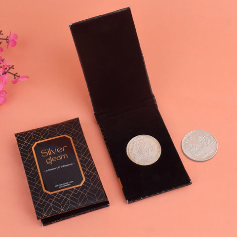 Pure Hallmarked Silver Coin (Chandi Ka Sikka) designed for pooja rituals, symbolizing wealth, purity, and divine blessings in Hindu traditions. Indiaβs Largest Pooja Accessories Brand - www.satvikstore.in