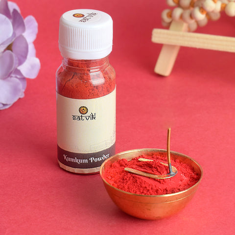 Pure Kumkum powder for pooja, vibrant red in color, traditionally used in Hindu rituals, tilak, and devotional ceremonies for auspicious blessings. 
Indiaβs Largest Pooja Accessories Brand β www.satvikstore.in