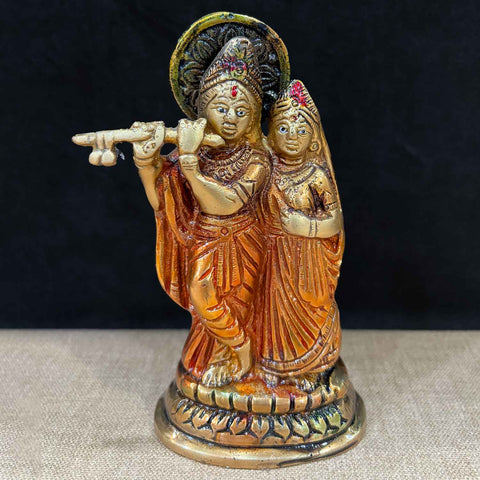 5.3 Inch Radha Krishna Pair Idol in brass with graceful posture and intricate detailing β symbolizing divine love and devotion, perfect for home temple, pooja room, and gifting. No.1 Brass Idol Store www.satvikstore.in