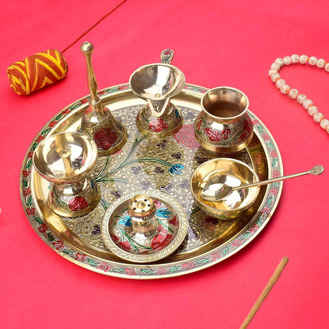 Ravishing 8 Pc Brass Puja Thali Set with Premium Velvet Box, featuring elegantly crafted brass pooja items stored in a luxurious velvet case, perfect for religious rituals and ceremonial use. 
Indiaβs Largest Pooja Accessories Brand β www.satvikstore.in