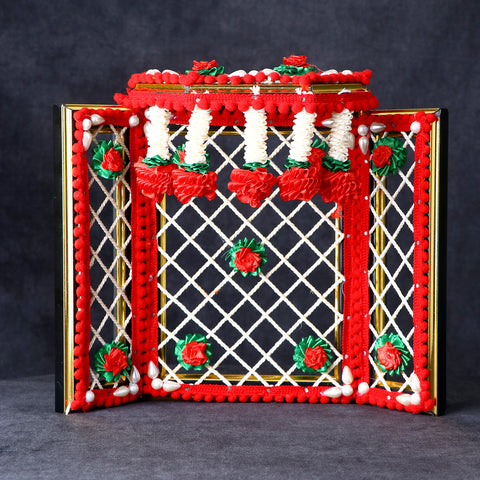 8 Inch Red Astonishing Ganesha Phool Bangla adorned with vibrant artificial flowers, ideal for Ganpati idol backdrop and festive decoration. Indiaβs Largest Pooja Accessories Brand β www.satvikstore.in