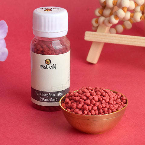 Red Chandan Tika (Lal Chandan Tilak) Danedar is a sacred powder used in religious rituals to symbolize energy and protection. Commonly applied during poojas, it holds deep spiritual significance β Indiaβs Largest Pooja Accessories Brand β www.satvikstore.in