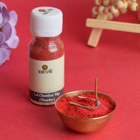 Red Chandan Tika Powder (Lal Tilak) is traditionally used in Hindu rituals and ceremonies to invoke divine blessings. It represents energy, strength, and protection, and is applied on the forehead during pooja β Indiaβs Largest Pooja Accessories Brand β www.satvikstore.in
