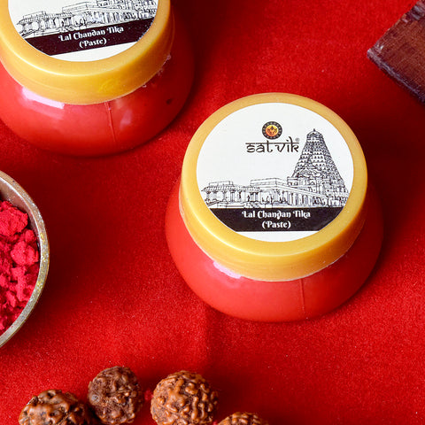 Red Chandan Tikka Paste (Lal Tilak) is a sacred and vibrant paste used for spiritual rituals, poojas, and blessings, symbolizing purity and divine protection during religious ceremonies β Indiaβs Largest Pooja Accessories Brand β www.satvikstore.in