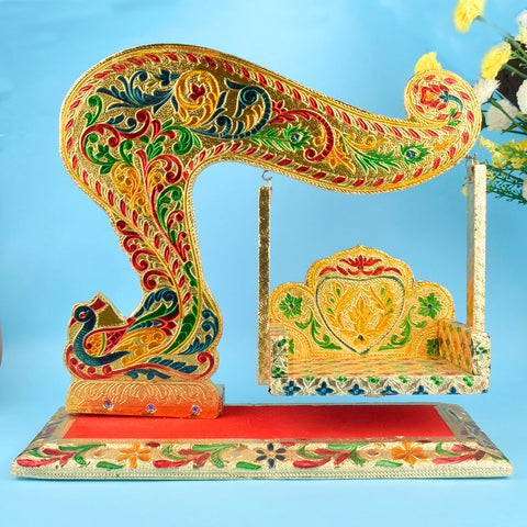 Royal Rajwadi Meenakari Laddu Gopal Jhula with intricate colorful detailing, ideal for Krishna idol decoration and Janmashtami celebrations. Indiaβs Largest Pooja Accessories Brand β www.satvikstore.in