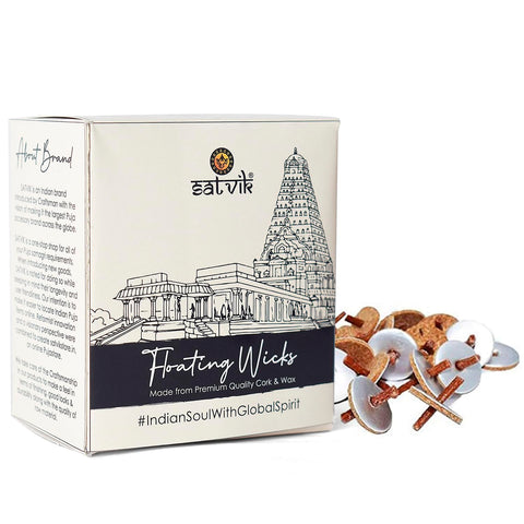 SATVIK 100 Pc Round Floating Wicks for Oil Cups with Cork Disc Holders, ideal for long-lasting, clean-burning illumination in oil lamps during pooja and spiritual rituals. Eco-friendly and handmade. Indiaβs Largest Pooja Accessories Brand β www.satvikstore.in