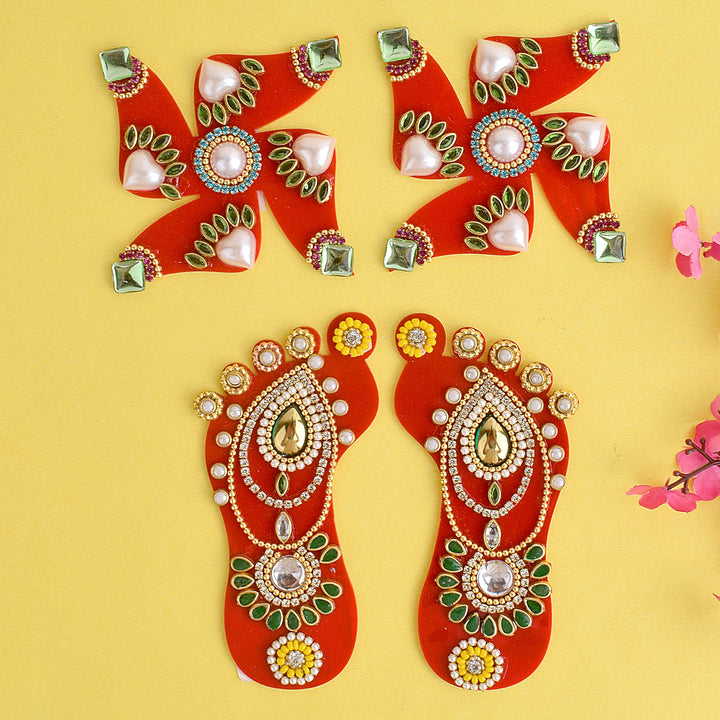 Sacred Charanapaduka with Swastik – Spiritual soles featuring divine footprints and Swastik symbol, perfect for invoking blessings, harmony, and prosperity in pooja rituals. 
India’s Largest Pooja Accessories Brand – www.satvikstore.in