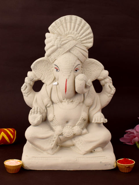 10.6 Inch Sarvadevatman eco-friendly Ganesha idol with traditional pagdi, handcrafted from natural shadu mati for Ganesh Chaturthi celebrations. Indiaβs Largest Pooja Accessories Brand β www.satvikstore.in