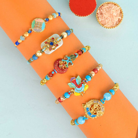 Set of 5 Designer Rakhi Threads with Roli Chawal and Ram Sita Stickers for Raksha Bandhan Celebration. Indiaβs Largest Pooja Accessories Brand - www.satvikstore.in