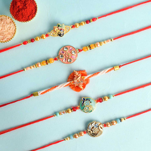 Set of 5 Designer Rakhi Threads with Roli Chawal and Ram Sita Stickers for Raksha Bandhan Celebration. Indiaβs Largest Pooja Accessories Brand - www.satvikstore.in