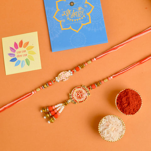 Designer Couple Rakhi Set for Bhaiya and Bhabhi with Roli Chawal and Ram Sita Stickers β Raksha Bandhan Gift Combo. Indiaβs Largest Brass Idols Brand - www.satvikstore.in