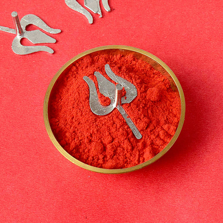 Brass Trishul with Tripund Tilak Stamp – a sacred deity ornament symbolizing Lord Shiva's power, used for applying tilak during puja rituals and enhancing spiritual decor. India’s Largest Pooja Accessories Brand - www.satvikstore.in