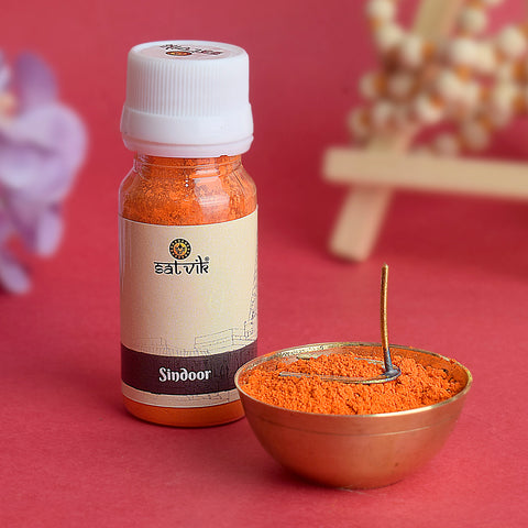 Sindoor powder for Hanuman Ji, bright orange-red in color, used in devotional offerings and rituals to honor and worship Lord Hanuman. 
Indiaβs Largest Pooja Accessories Brand β www.satvikstore.in