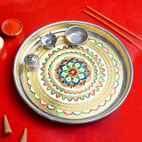 Stainless Serenity printed pooja aarti thali set with spiritual motifs, featuring stainless steel plate and accessories for traditional rituals and daily pooja ceremonies Indiaβs Largest Pooja Accessories Brand β www.satvikstore.in