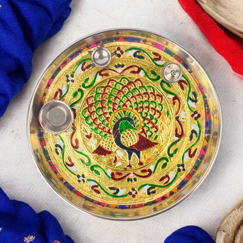 Stainless steel pooja thali set with vibrant peacock print design, ideal for daily aarti and festive rituals Indiaβs Largest Pooja Accessories Brand β www.satvikstore.in