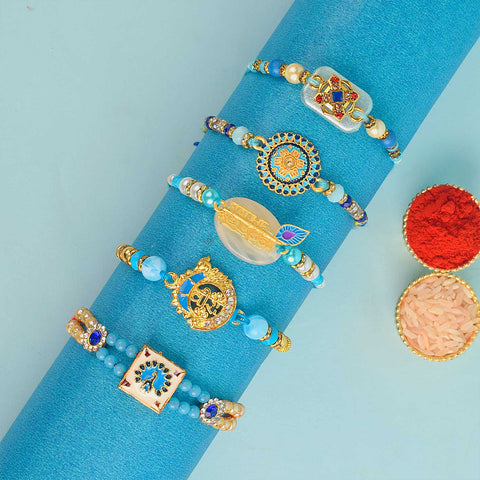 Set of 5 Designer Rakhi Threads with Roli Chawal and Ram Sita Stickers for Raksha Bandhan Celebration. Indiaβs Largest Pooja Accessories Brand - www.satvikstore.in