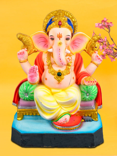 22-inch Sumukha eco-friendly Ganesha idol handcrafted from natural clay, seated in a majestic pose with traditional adornments, perfect for Ganesh Chaturthi 2025.Indiaβs Largest Pooja Accessories Brand β www.satvikstore.in