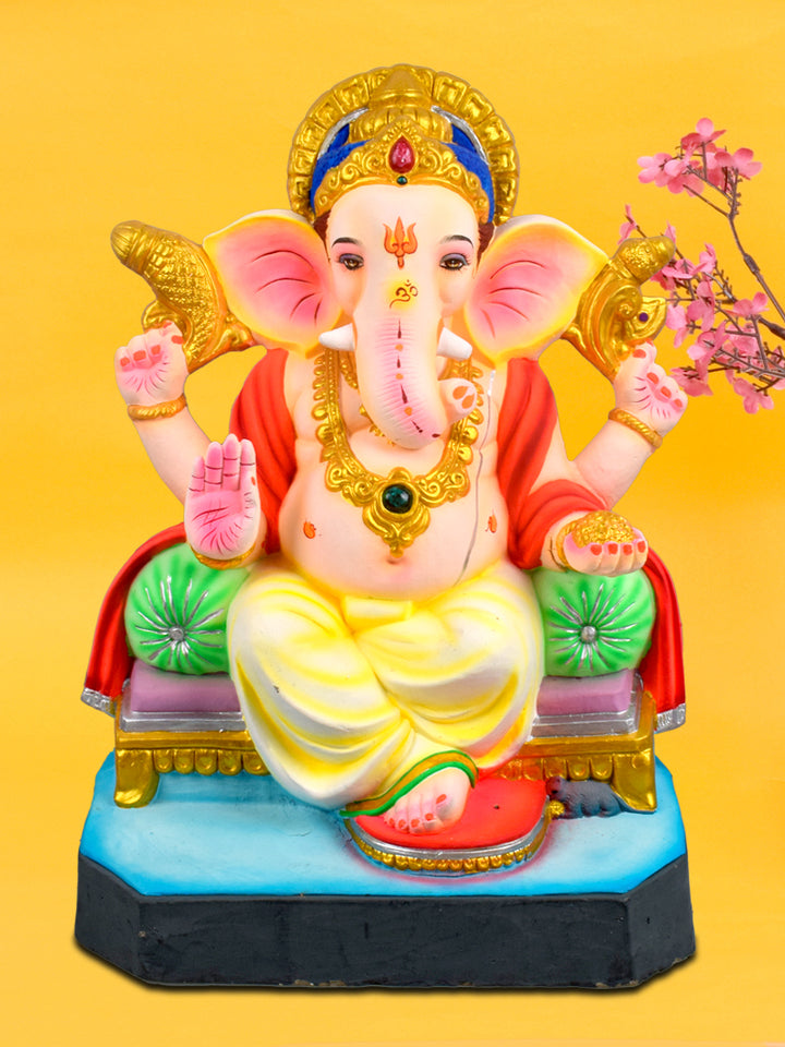 22-inch Sumukha eco-friendly Ganesha idol handcrafted from natural clay, seated in a majestic pose with traditional adornments, perfect for Ganesh Chaturthi 2025.India’s Largest Pooja Accessories Brand – www.satvikstore.in