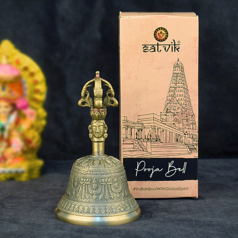 Tibetan Buddhist devotional bell crafted with intricate detailing, symbolizing spiritual harmony and used in meditation and rituals. Indiaβs Largest Pooja Accessories Brand β www.satvikstore.in
