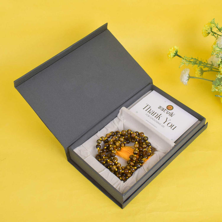 Tiger Eye Hakik Mala with 108 Beads – Powerful Brown-Golden Prayer Mala Known for Strength, Courage, and Protection During Meditation. India’s Premium Hakik Jap Mala store - www.satvikstore.in