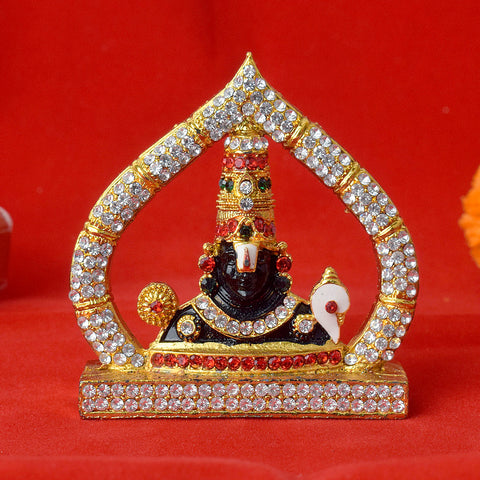 Beautifully decorated metal Tirupati Balaji face idol adorned with colorful stones and intricate detailing, perfect for home or car dashboard decor. Indiaβs Largest Pooja Accessories Brand β www.satvikstore.in