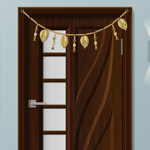 Traditional Golden Toran with Decorative Ganesha Leaf and Bell Latkan for Auspicious Festive Home Decoration. Indiaβs Largest Pooja Accessories Brand β www.satvikstore.in