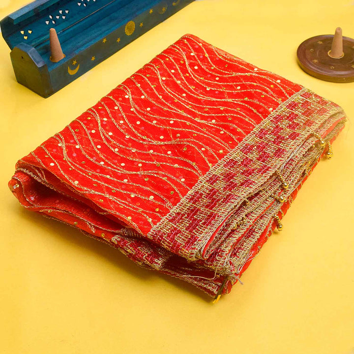 Authentic 84x42 inch Traditional Red Mata Chunri with vibrant fabric and detailed design for Mata idol decoration – India’s Largest Pooja Accessories Brand – www.Satvikstore.in