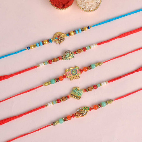 Set of 5 Designer Rakhi Threads with Roli Chawal and Ram Sita Stickers for Raksha Bandhan Celebration. Indiaβs Largest Pooja Accessories Brand - www.satvikstore.in