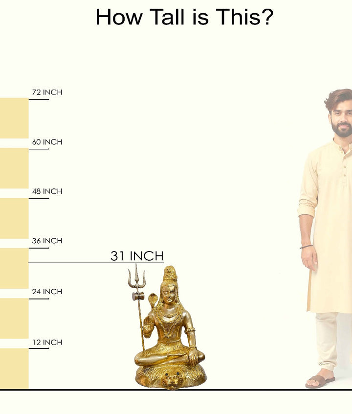 Handcrafted large brass statue of Lord Shiva seated on a tiger skin, holding a Trishul and a snake, glossy finish, weight 36150 grams, height 80 cm (approximately 31.5 inches), length 53 cm (approximately 20.87 inches). Best for VIP Gift, best for big premium gift, best for your temple. India's Large Puja Accessories Brand - Satvikstore.in