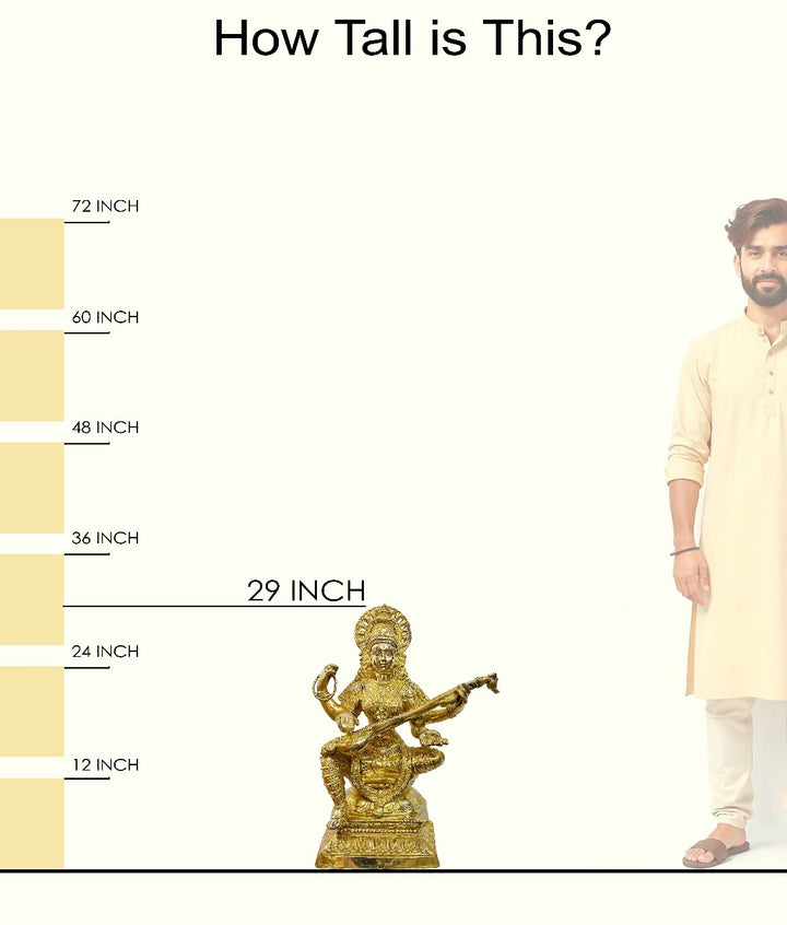 Handcrafted Large Brass Saraswati Idol | Best for VIP Gift & Big Premium Gift | Divine Goddess Saraswati Statue with Glossy Finish | 75 cm Height, 30.65 kg Weight | Best for Your Temple & Home Puja Decor | High-Quality Brass Murti for Worship | Premium Puja Collection by Satvikstore.in