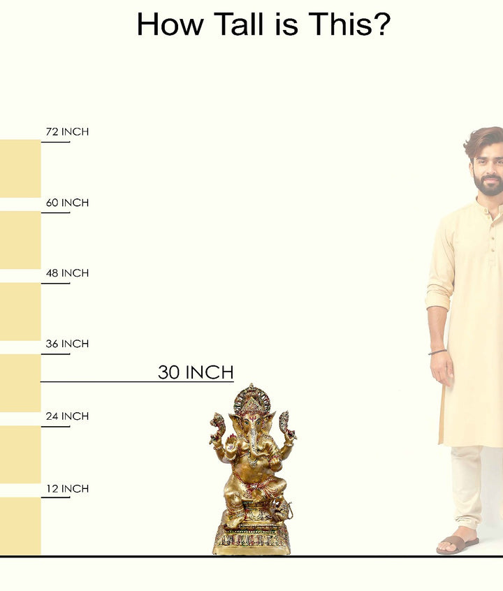 Handcrafted large brass statue of Lord Ganesha in a seated posture, glossy finish, weight 33400 grams, height 78 cm, length 42 cm. Best for VIP Gift, best for big premium gift, best for your temple. India's Large Puja Accessories Brand - Satvikstore.in
