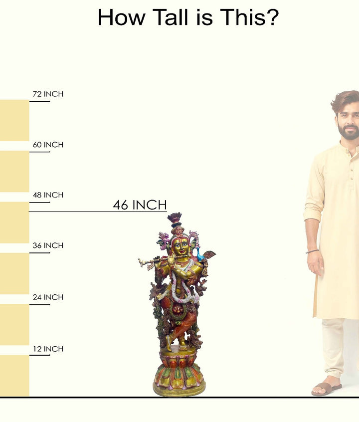 Handcrafted large brass standing statue of Lord Krishna playing the flute, adorned with intricate details, glossy finish, weight 52000 grams (52 kg), height 118 cm (approximately 46.46 inches), length 50 cm (approximately 19.69 inches). Best for VIP Gift, best for big premium gift, best for your temple. India's Large Puja Accessories Brand - Satvikstore.in