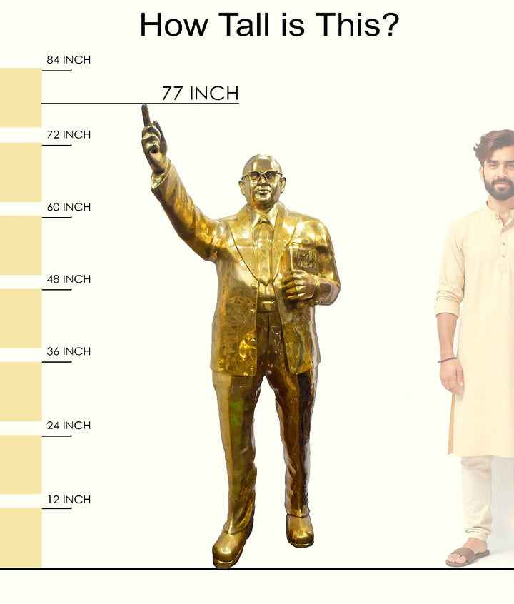 Handcrafted large brass statue of Dr. Bheemrao Ramji Ambedkar standing with a book and pointing upwards, wearing glasses and a suit, glossy finish, weight 160000 grams (160 kg), height approximately 77.56 inches (197 cm), length approximately 25.59 inches (65 cm). Best for VIP Gift, best for big premium gift, best for your office, best for educational institutions, symbol of social justice and equality. India's Large Puja Accessories Brand - Satvikstore.in