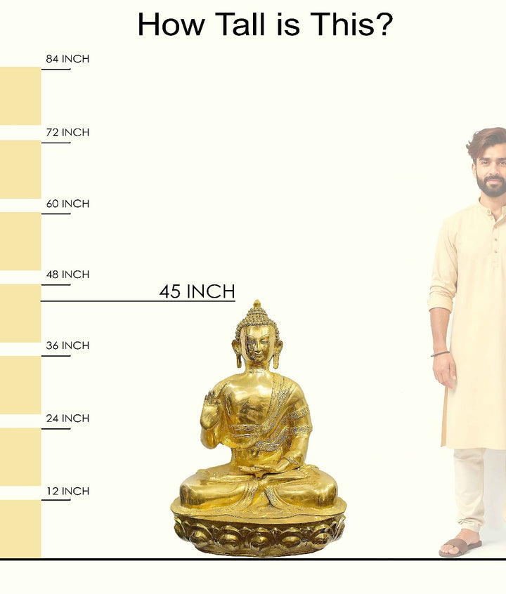 Handcrafted large brass statue of Buddha seated in a teaching pose (Dharmachakra Mudra) on a lotus pedestal, glossy finish, weight 86000 grams, height 115 cm, length 81 cm. Best for VIP Gift, best for big premium gift, best for your meditation space, symbol of peace and enlightenment. India's Large Puja Accessories Brand - Satvikstore.inHandcrafted large brass statue of Buddha seated in a teaching pose (Dharmachakra Mudra) on a lotus pedestal, glossy finish, weight 86000 grams, height 115 cm, length 81 cm.
