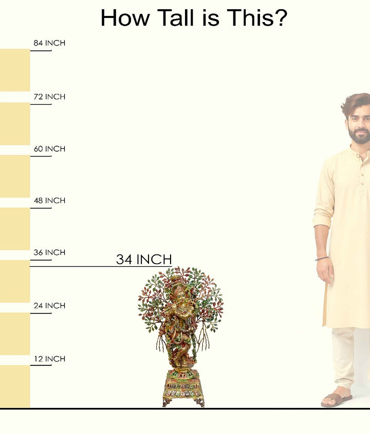 Handcrafted large brass statue of Lord Krishna playing the flute under the Kalpavriksha tree, glossy finish, weight 29150 grams, height 87 cm, length 57 cm. Best for VIP Gift, best for big premium gift, best for your temple. India's Large Puja Accessories Brand - Satvikstore.in