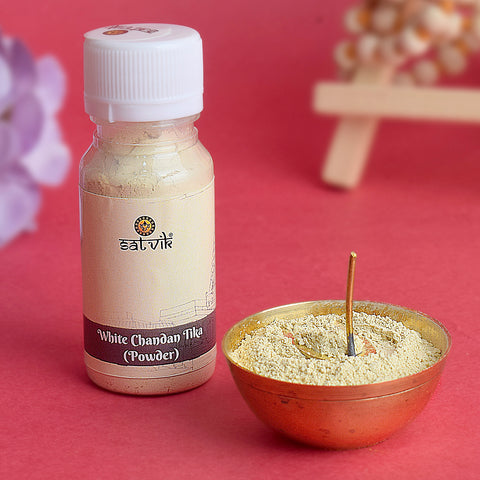 White Chandan (Gopi Chandan) Tika Powder, made from premium safed chandan, is used to apply on the forehead during poojas and spiritual practices. It signifies purity, calmness, and divine blessings β Indiaβs Largest Pooja Accessories Brand β www.satvikstore.in
