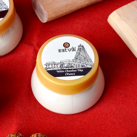 White Chandan or Gopi Chandan Tika Paste (Safed Chandan Tilak) is a sacred offering used in Hindu rituals and prayers. It symbolizes purity and devotion, often applied to the forehead during pooja for spiritual focus and blessings β Indiaβs Largest Pooja Accessories Brand β www.satvikstore.in