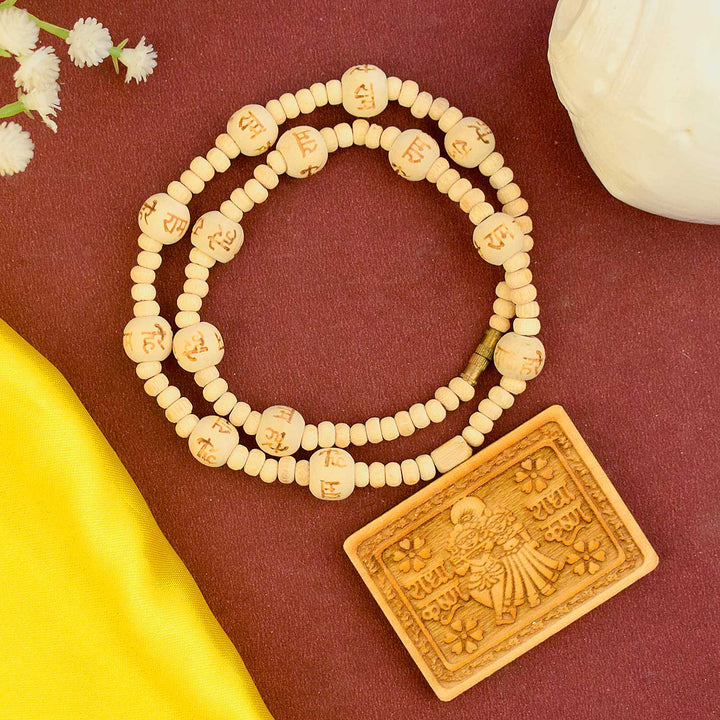 Wooden Mala with Radha Krishna Locket – devotional necklace with natural beads for chanting and spiritual connection. India’s Largest Brass Idols Brand - www.satvikstore.in