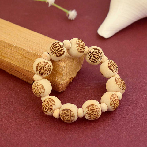 Wooden Radha Name Bracelet with natural beads and engraved Radha plate β perfect for spiritual devotion and daily bhakti wear. Indiaβs Largest Brass Idols Brand - www.satvikstore.in