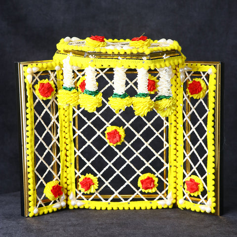 8 Inch Yellow Magnificent Ganesha Phool Bangla adorned with vibrant floral design, ideal for Ganpati home decor and festive mandap setup. Indiaβs Largest Pooja Accessories Brand β www.satvikstore.in