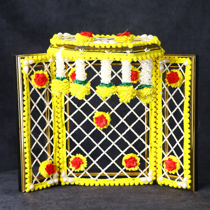 8 Inch Yellow Magnificent Ganesha Phool Bangla adorned with vibrant floral design, ideal for Ganpati home decor and festive mandap setup. India’s Largest Pooja Accessories Brand – www.satvikstore.in