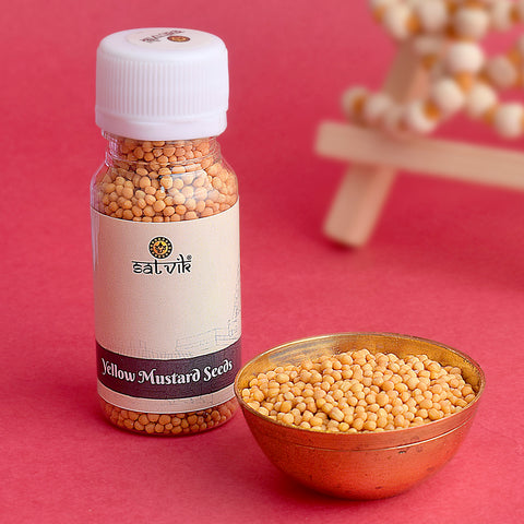 Yellow Mustard Seeds (Peeli Sarso) for Pooja (25 Gram) are used in sacred pooja rituals and spiritual ceremonies to bring prosperity, peace, and blessings. These mustard seeds symbolize divine protection and purification during religious offerings β Indiaβs Largest Pooja Accessories Brand β www.satvikstore.in