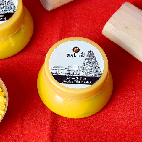 Yellow Saffron Chandan Tika Paste (Chandan Tilak) is ideal for daily pooja rituals, spiritual gatherings, and temple use. Known for its calming aroma and sacred symbolism, it brings purity and devotion to every religious ceremony β Indiaβs Largest Pooja Accessories Brand β www.satvikstore.in
