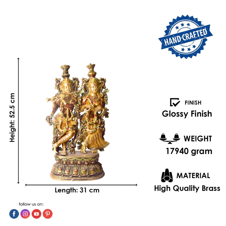 This Stunning Radha Krishna Brass Idol beautifully captures the divine love and grace of Radha and Krishna. Crafted from high-quality brass with intricate detailing, it exudes elegance and spiritual charm.