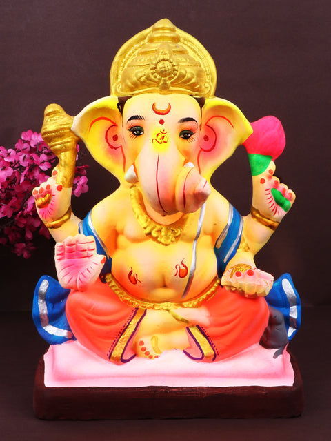 8.7-inch eco-friendly Ganesh idol in majestic Dagdusheth-style pose, adorned with intricate ornaments and a calm expression. Indiaβs Largest Pooja Accessories Brand β www.satvikstore.in