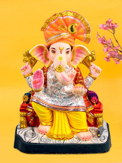 26-inch eco-friendly Lal Bagh Ke Raja Ganesha idol handcrafted from natural clay, featuring majestic detailing and traditional Maharashtrian pagdi for Ganesh Chaturthi. Indiaβs Largest Pooja Accessories Brand β www.satvikstore.in