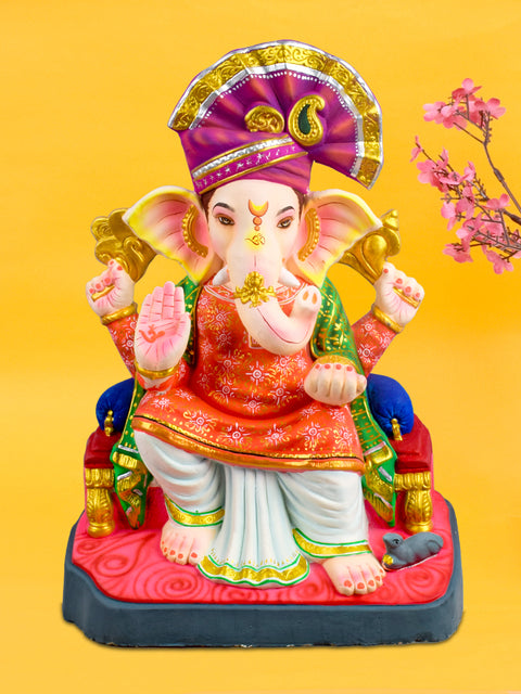 26-inch eco-friendly Lal Bagh Ke Raja Ganpati idol adorned with traditional pagdi, handcrafted from natural clay for a grand and sustainable Ganesh Chaturthi celebration. Indiaβs Largest Pooja Accessories Brand β www.satvikstore.in