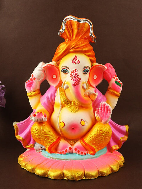 11.4-inch eco-friendly Lambodara Ganesha idol crafted from natural clay, seated gracefully with intricate detailing and serene expression. Indiaβs Largest Pooja Accessories Brand β www.satvikstore.in
