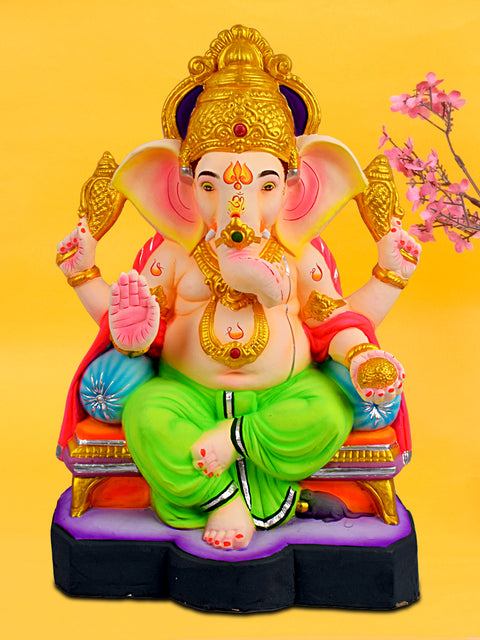 21-inch eco-friendly Vignaharta Raja Ganesha idol in majestic seated pose, handcrafted from shadu mati clay for Ganesh Chaturthi 2025. Indiaβs Largest Pooja Accessories Brand β www.satvikstore.in